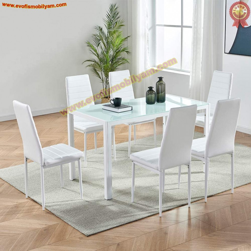Beyaz Masa Sandalye Camlı Yemek Masası Sandalye Mutfak Masası