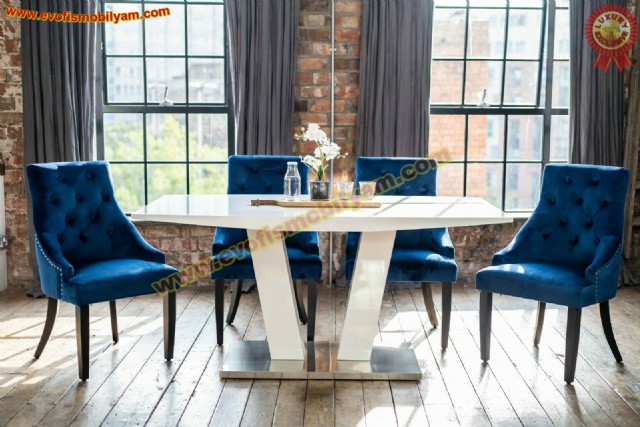 Modern Lüks Yemek Masası Sandalye Mavi Beyaz Lüks Tasarım Yemek Takımı