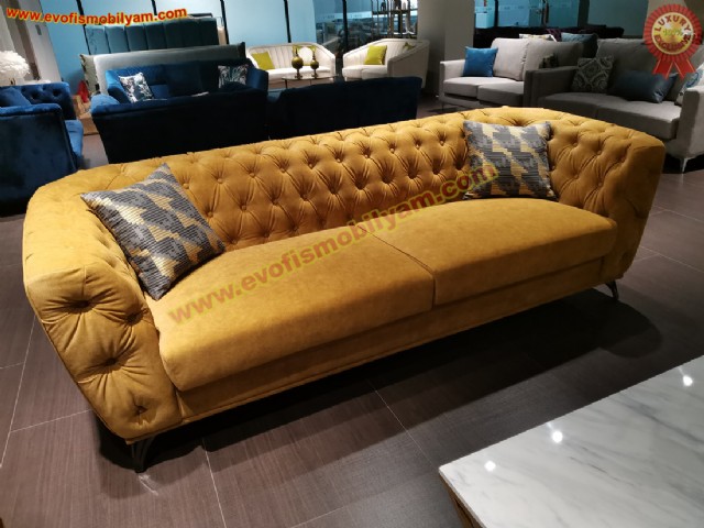 Hardal Kadife Modern Lüks Chester Koltuk Orange Chesterfield