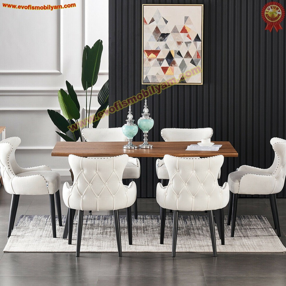 Beyaz Kadife Yemek Sandalyesi Yemek Odası Lüks Yemek Masası