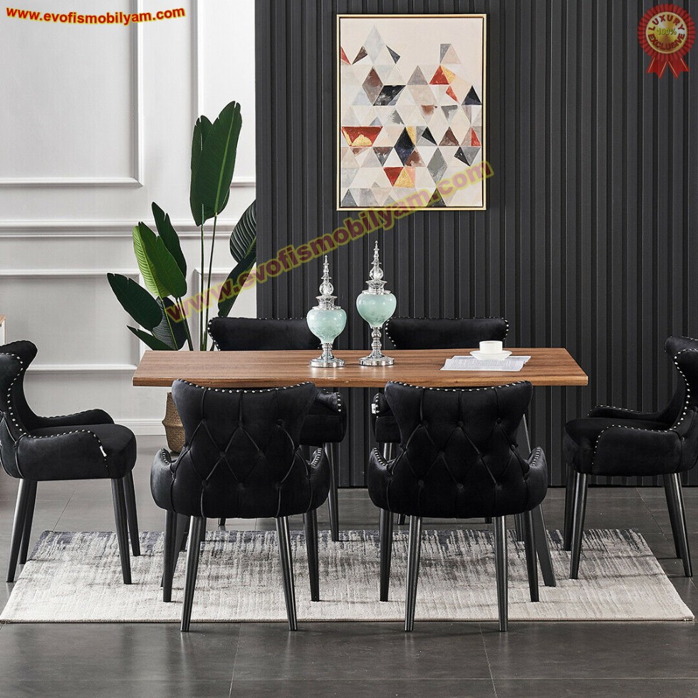 Lüks Kadife Siyah Yemek Sandalyeleri Modern Yemek Masası Yemek Odası