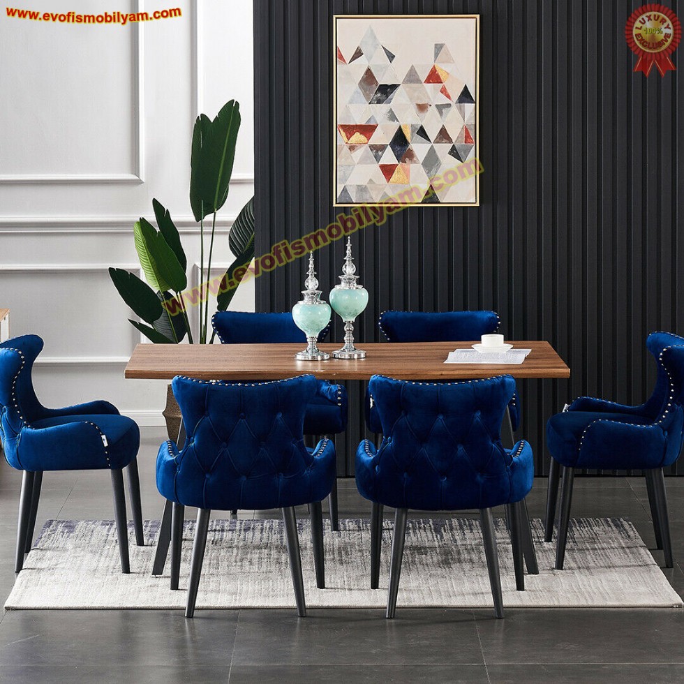 Mavi Kadife Yemek Sandalyesi Lüks Yemek Odası Modern Yemek Masası