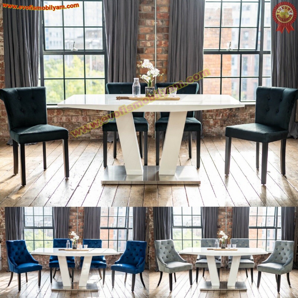 Modern Lüks Yemek Masası Sandalye Mavi Beyaz Gri, Bej Lüks Tasarım Yemek Takımı