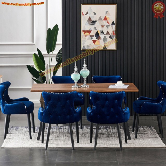 Mavi Kadife Yemek Sandalyesi Lüks Yemek Odası Modern Yemek Masası